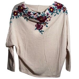 UMGEE pale Peach Waffle Knit Embroidered Boat Neck Blouse Dolman Sleeves - small